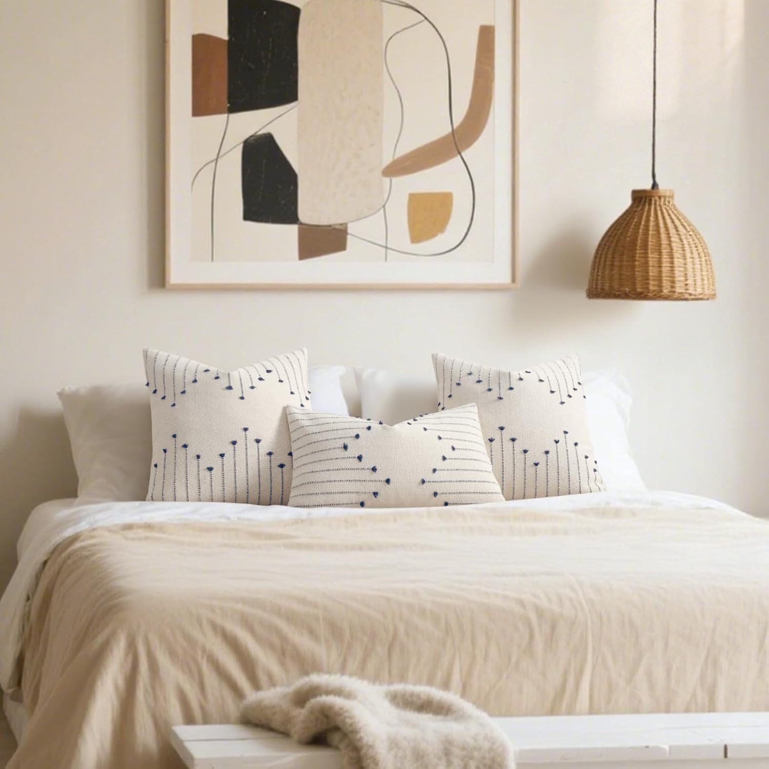 Boho Spring Throw Pillow Covers 16x16 Set of 2 Neutral Woven Decorative Pillowcases Cotton Tufted Couch Pillows Modern Farmhouse Cushion Covers for Sofa Couch Bed Living Room Home Decor, Navy Blue - Image 6