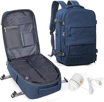 suwasp Vacuum Travel Backpack with Pump, Flight Approved Vacpack Backpacks for Women Men, Storage Vacuum Compression Bags with Shoe Compartment/USB Port, Blue, Small