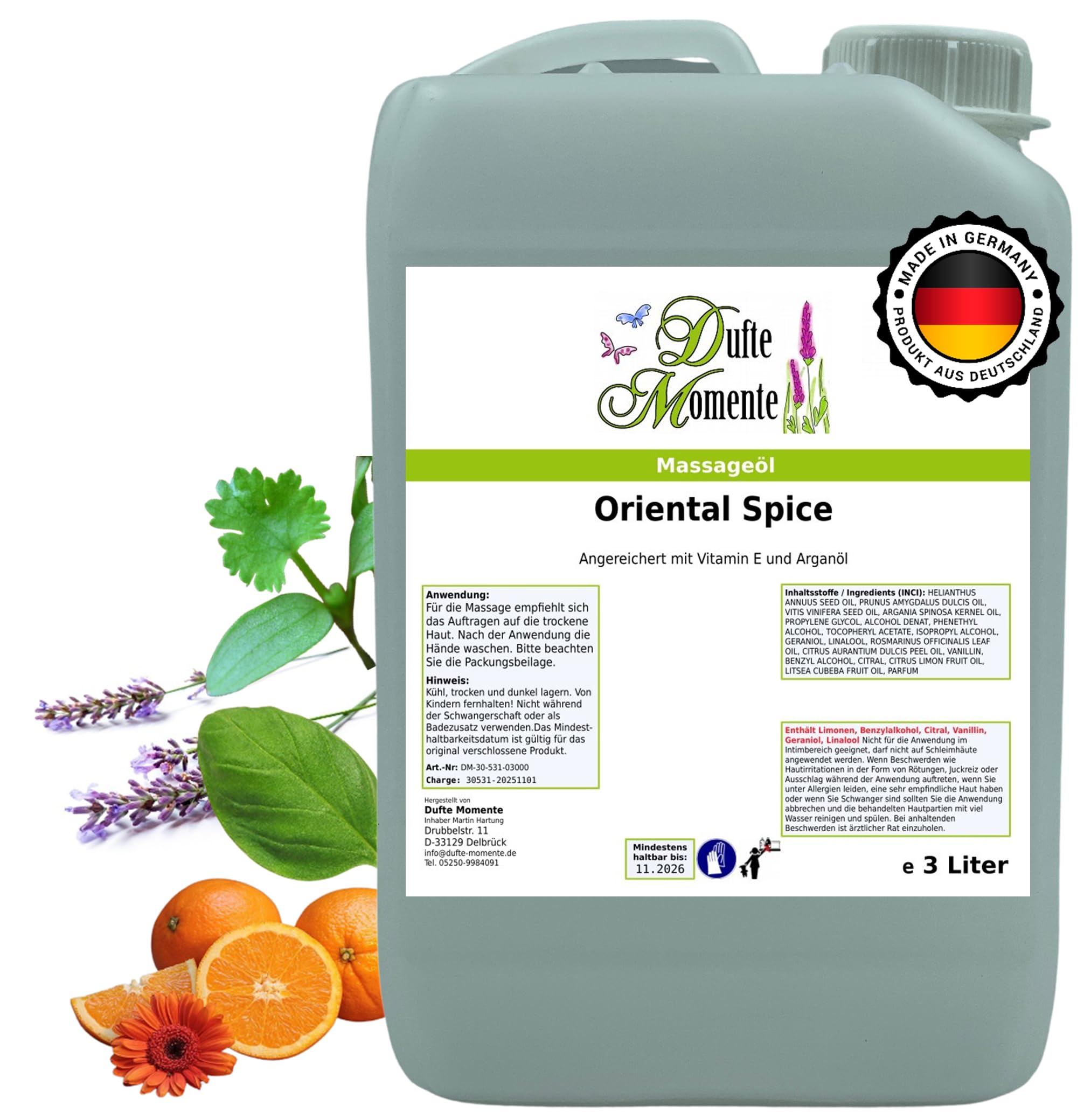 Dufte Momente Massageöl Oriental Spice – 3 Liter – Paraffinölbasis mit orientalischem Gewürzduft – warm & aromatisch – für Massage & Wellness – vegan & Made in Germany