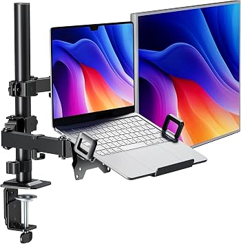 monTEK Monitor and Laptop Stand for 32" Screen and 17" Laptop | 2-in-1 desk mount holds 22 lbs, with height adjustment, tilt, swivel, clamp/grommet bases and VESA 75/100