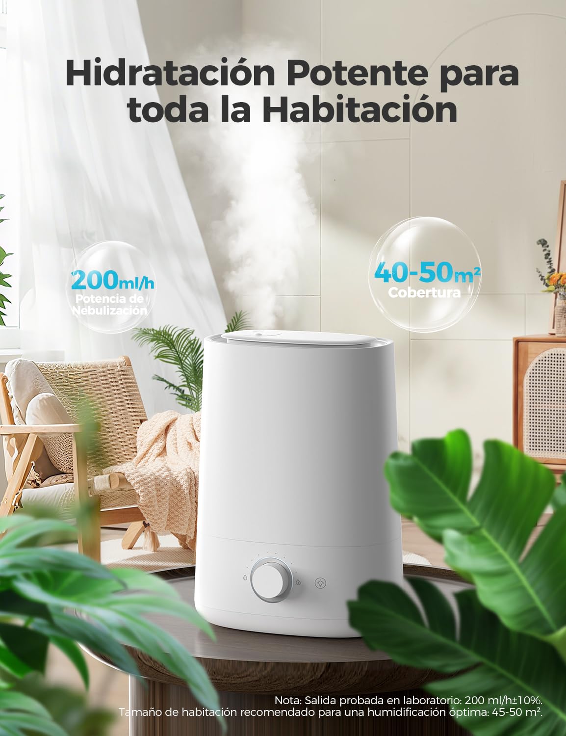 AROEVE Humidificador 5L, Nebulización Ultrasónica Fría con Difusor de Aceites Esenciales, Boquilla 360°, Luz Nocturna 28dB, 50H de Duración, para Habitación de Bebé, Plantas