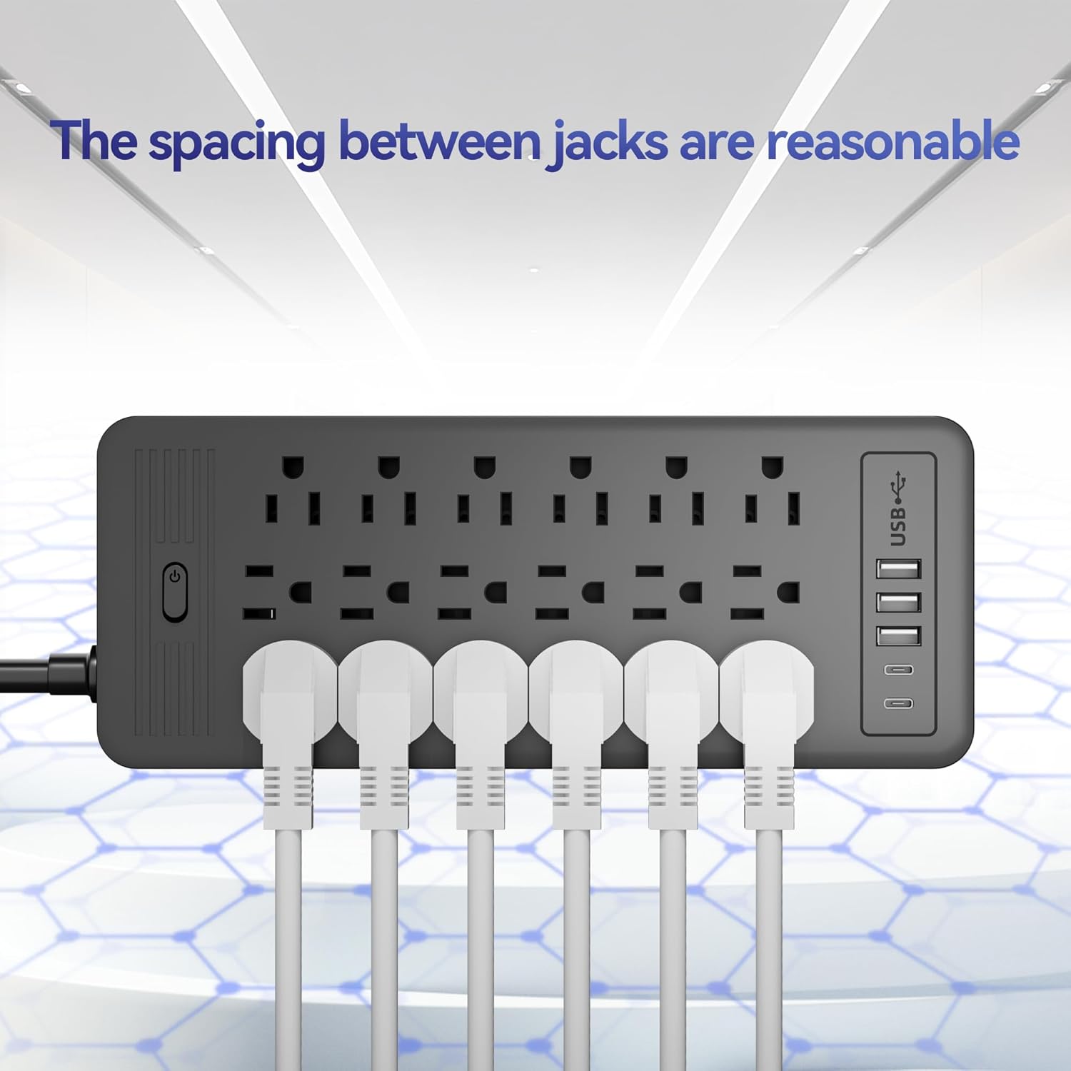 18 Outlets Surge Protector Power Strip - 10 Feet Flat Plug Heavy Duty Extension Cord with 18 Widely Outlets and 3 USB Ports,2 Type-C Ports,Black (Black, 5FT)