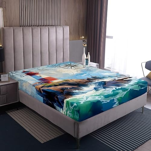 Miniatura 4 de Sábana bajera ajustable de olas oceánicas, tamaño Queen, estilo retro, brújula, velero, juego de ropa de cama náutica para mujeres, hombres y niños,