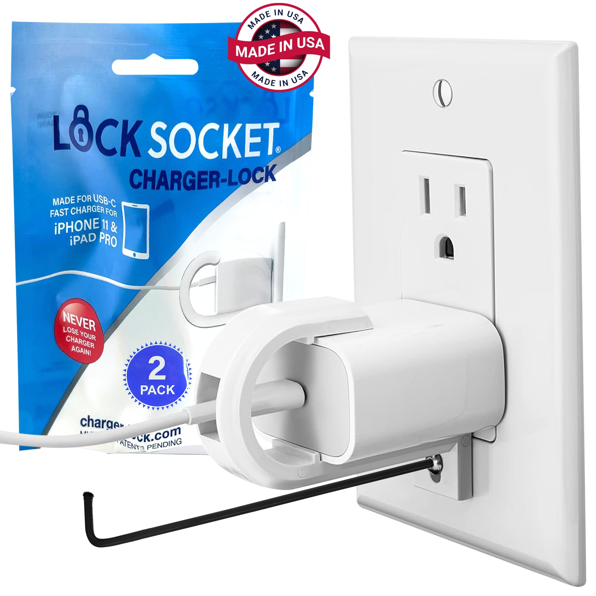 Lock Socket Charger Lock - Anti Theft Cord & Outlet Lock, Firmly Secures Phone Chargers From Unplugging, For USB-C Fast Chargers for iPhone 11 & iPad Pro, Includes Security Screw & Allen Wrench 2 Pack