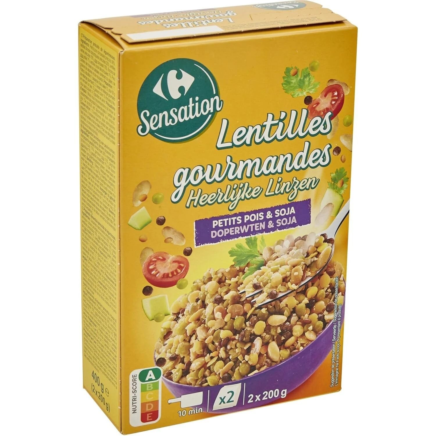 CARREFOUR SENSATION - Lentilles petits pois & soja - Petits Pois & Soja · Prêt en 10 min · Idéal Salades Complètes, Soupes & Accompagnements - les 2 sachets de 200g - 400g - Le Lot De 4