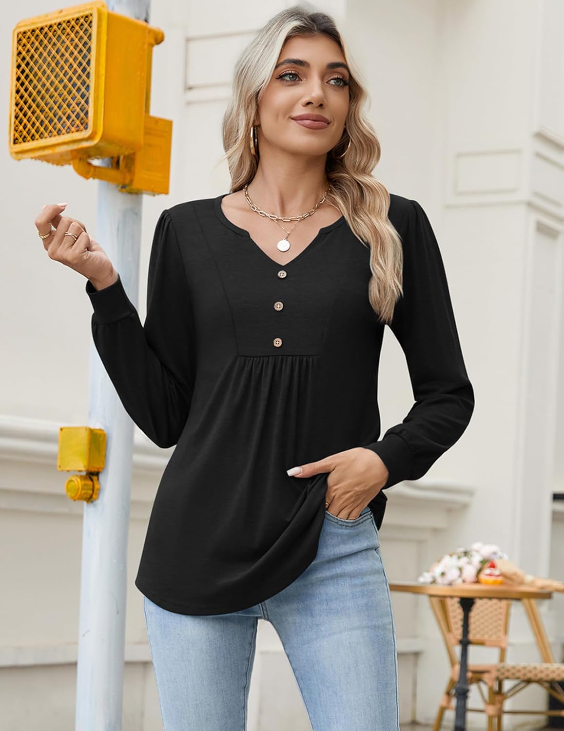 Zeagoo Long Sleeve Shirts for Women 2025 Casual Pleated V Neck Fall Tunic Tops Button Down Blouse Dressy Loose T-Shirts - Image 5