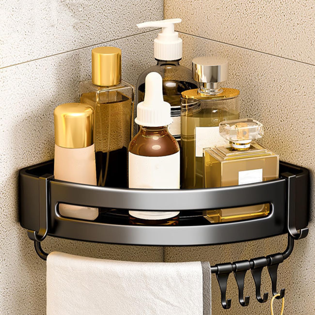 astylishome Corner Shelf Bathroom Shelves Shower Caddy Shelf Storage Organiser No Drill Adhesive Showers Rack Accessories with Hooks for Washroom Kitchen Organization Black 0105