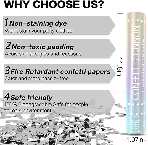 Miniatura 4 de Paquete de 12 cartuchos de confeti plateados, cañón de confeti de 12 pulgadas para bodas, graduaciones, cumpleaños y víspera de Año Nuevo
