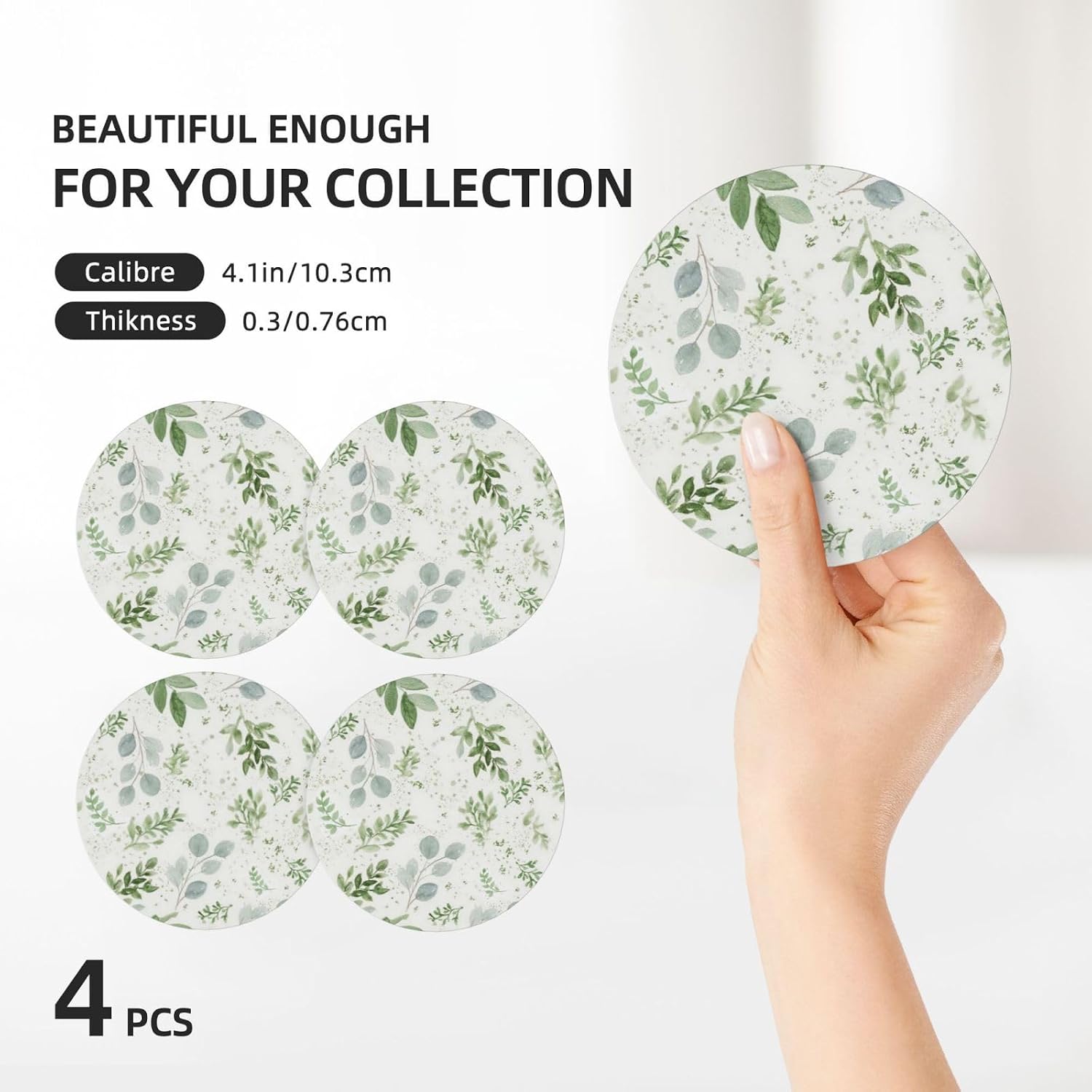 Leaves Coasters Set of 4 Absorbent Ceramic Drink Coaster with Cork Base for Table Cup Round Bar Coaster,4 Inch
