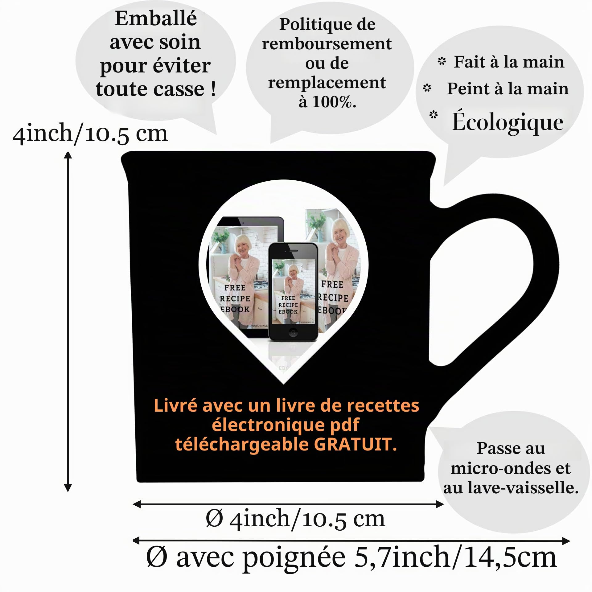 City to Cottage Bleu Marine Rayé | Designer Fait à la Main Peint à la Main | Céramique Unique Extra Large 17.5oz/500ml | Chaud Chocolat Café Thé Tasses Tasses avec Poignée | Cadeau
