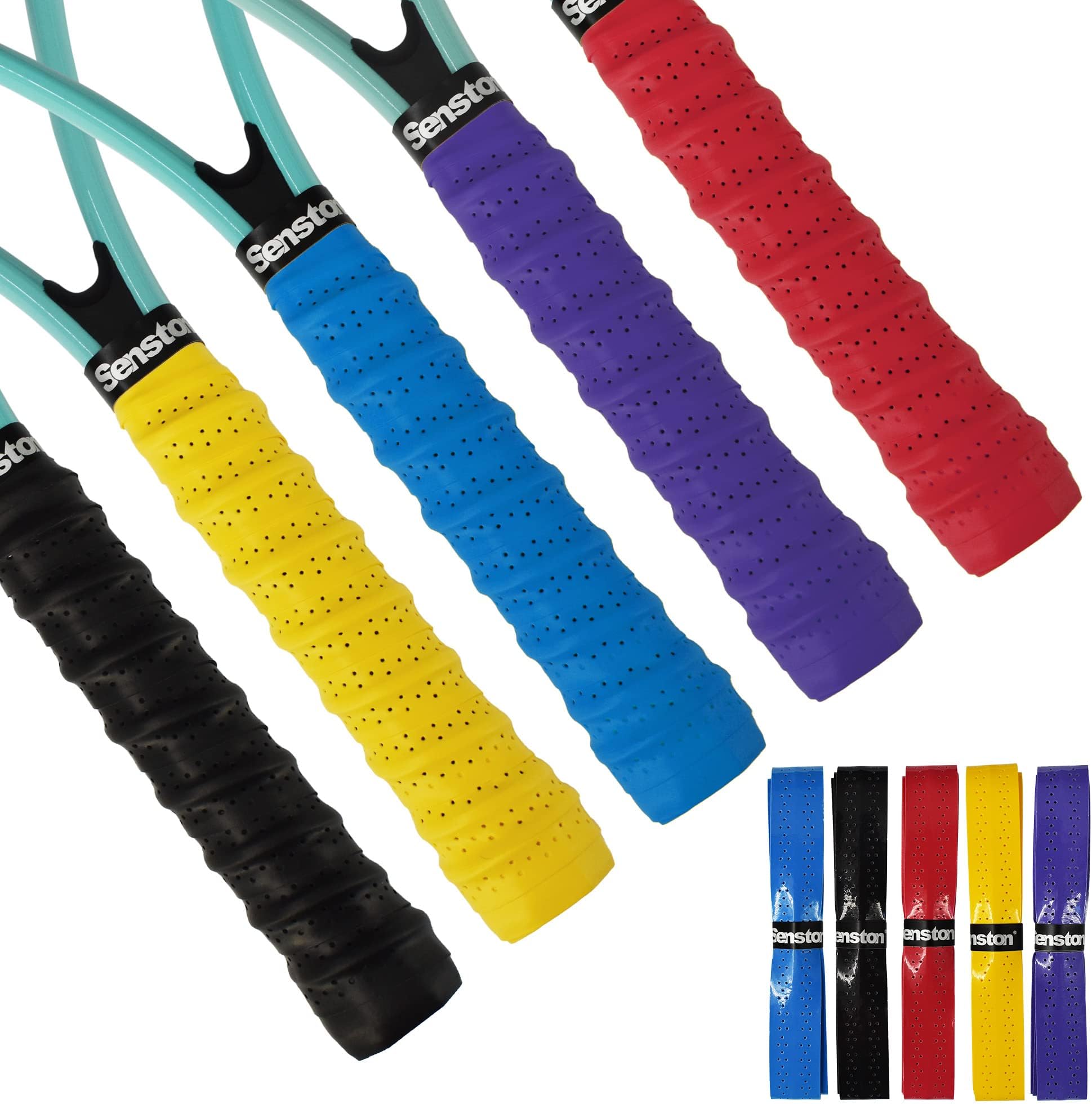 Tennis Racket Grip Anti Slip Perforated Super Absorbent Badminton Racquet Overgrip Tape, Multicolour 5 Pack