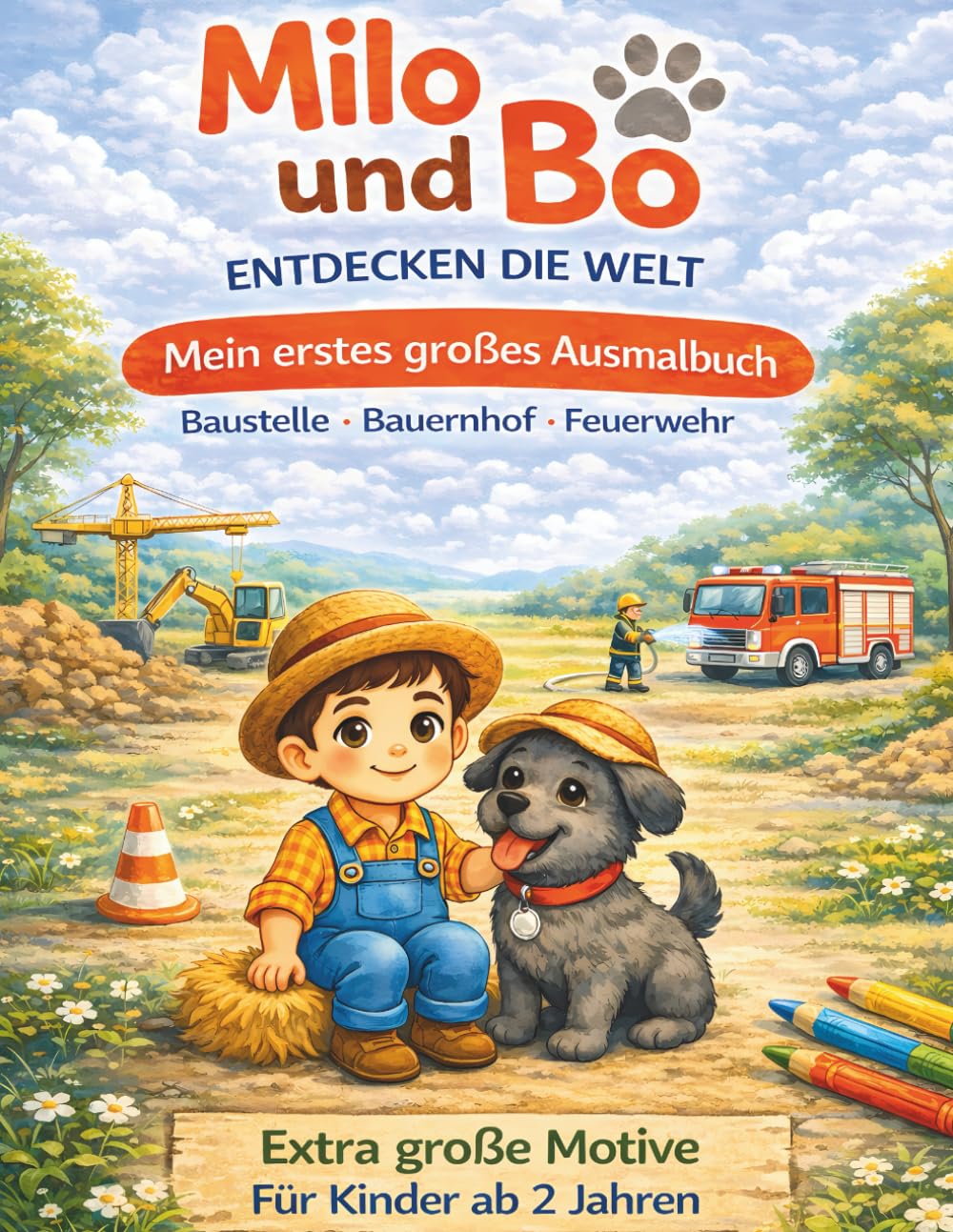 Milo und Bo entdecken die Welt: Mein erstes großes Ausmalbuch – Baustelle · Bauernhof · Feuerwehr
