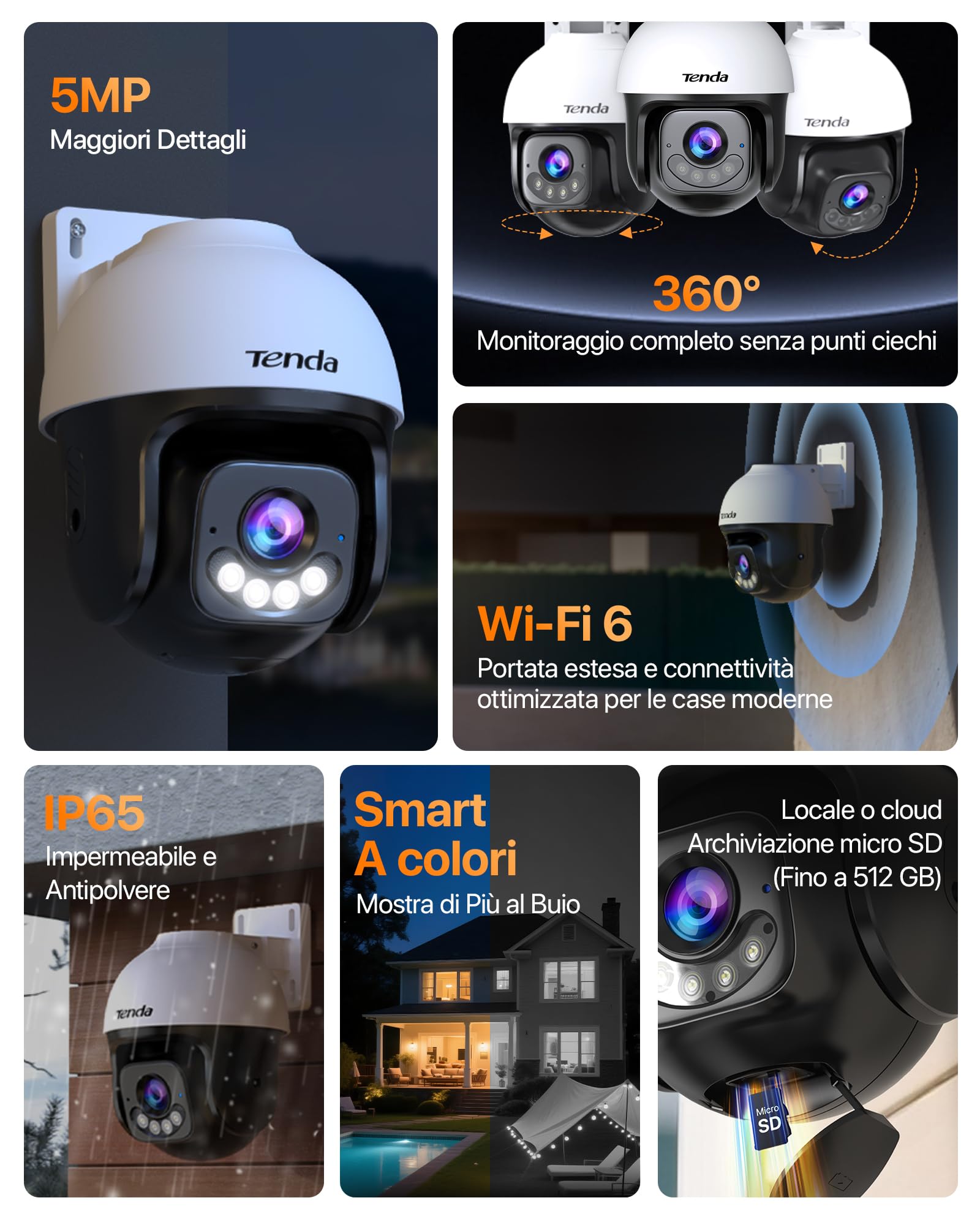 Tenda 5MP 3K Telecamera Wi-Fi Esterno, Wi-Fi 6 Videocamera Sorveglianza Esterna con Visione Notturna a Colori, 360° PTZ Auto Tracking, Rilevamento Umano/Veicoli AI, Solo 2.4GHz WiFi, Compatibile Alexa