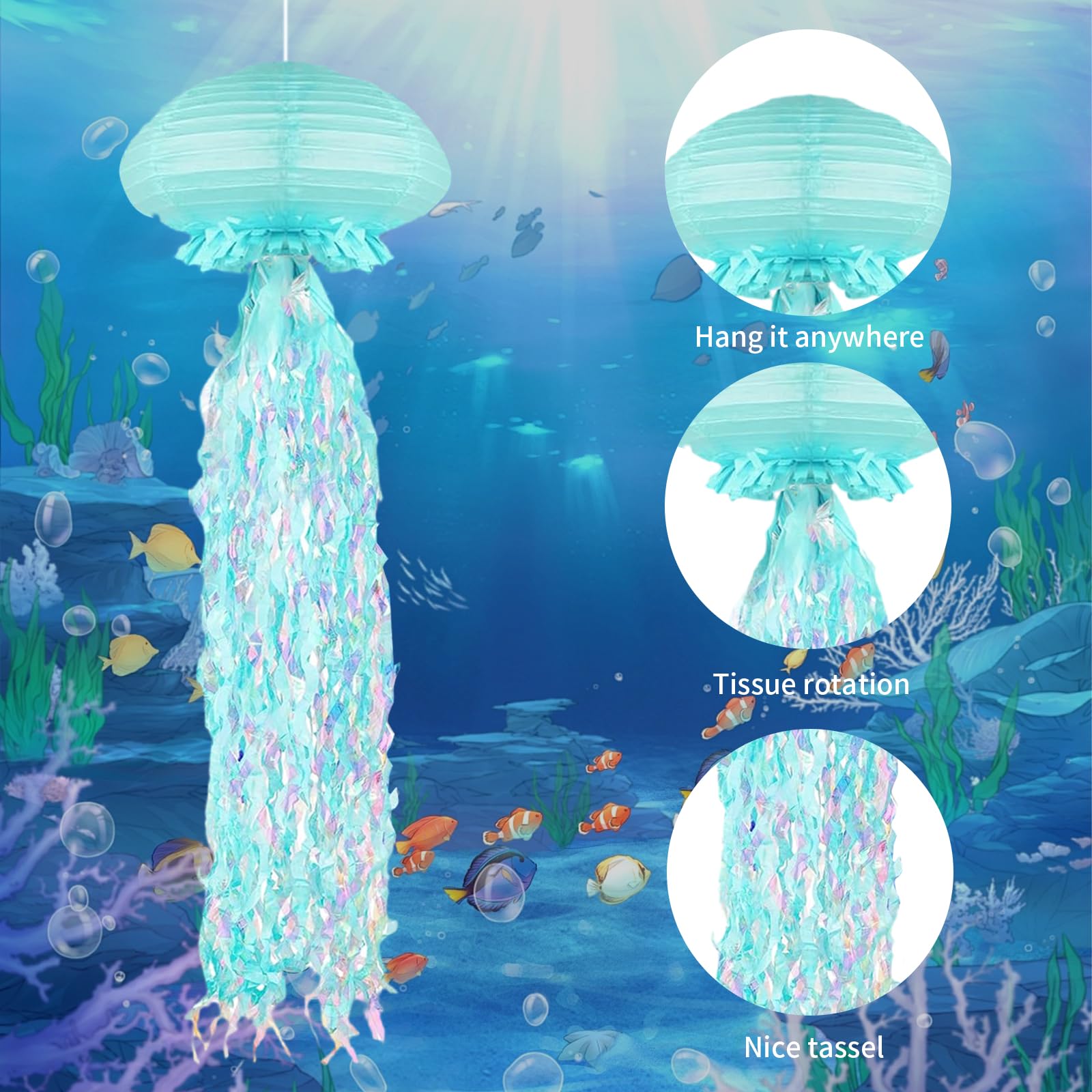 Jellyfish Paper Lanterns, 6 Pack Hanging Jelly Fish for Under The Sea Party Decorations, Mermaid Ocean Themed Birthday Party Decorations, Classroom Decor (Blue)