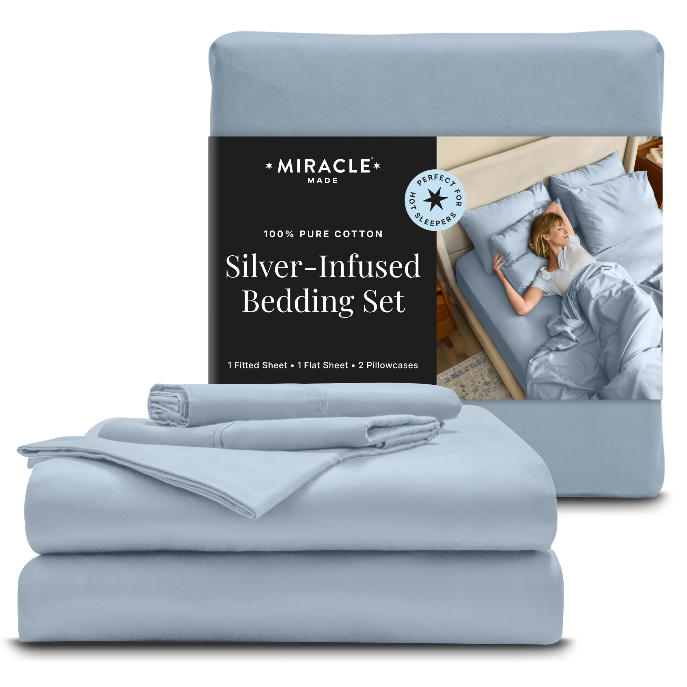 Photo 1 of Miracle Made Breathable 100% Cotton Bed Sheet Set, 4-Piece Cooling Sheets, Silver-Infused Fabric for Freshness Between Washes, Lightweight Bedding for Hot Sleepers (Queen Size, Sky Blue)