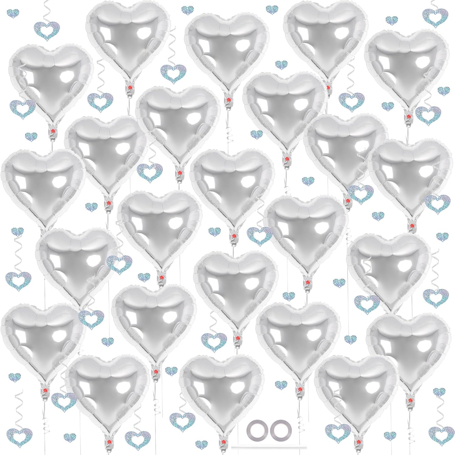24 Pcs Silver Heart Balloons, 100 Pcs Heart Hanging Streamers, 18 Inch Heart Foil Balloons Valentine's Day Balloon Love Balloon for Valentines Day Proposal Wedding Party Decorations