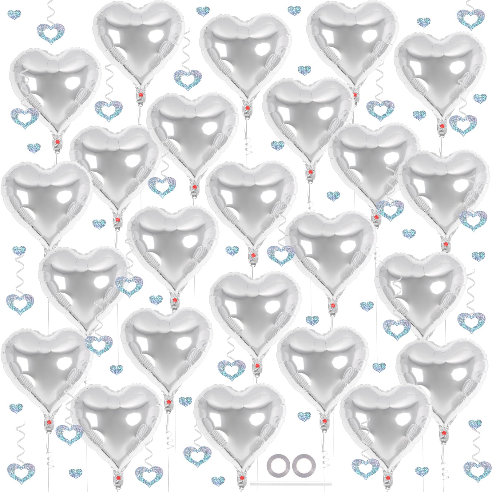 24 Pcs Silver Heart Balloons, 100 Pcs Heart Hanging Streamers, 18 Inch Heart Foil Balloons Valentine's Day Balloon Love Balloon for Valentines Day Proposal Wedding Party Decorations