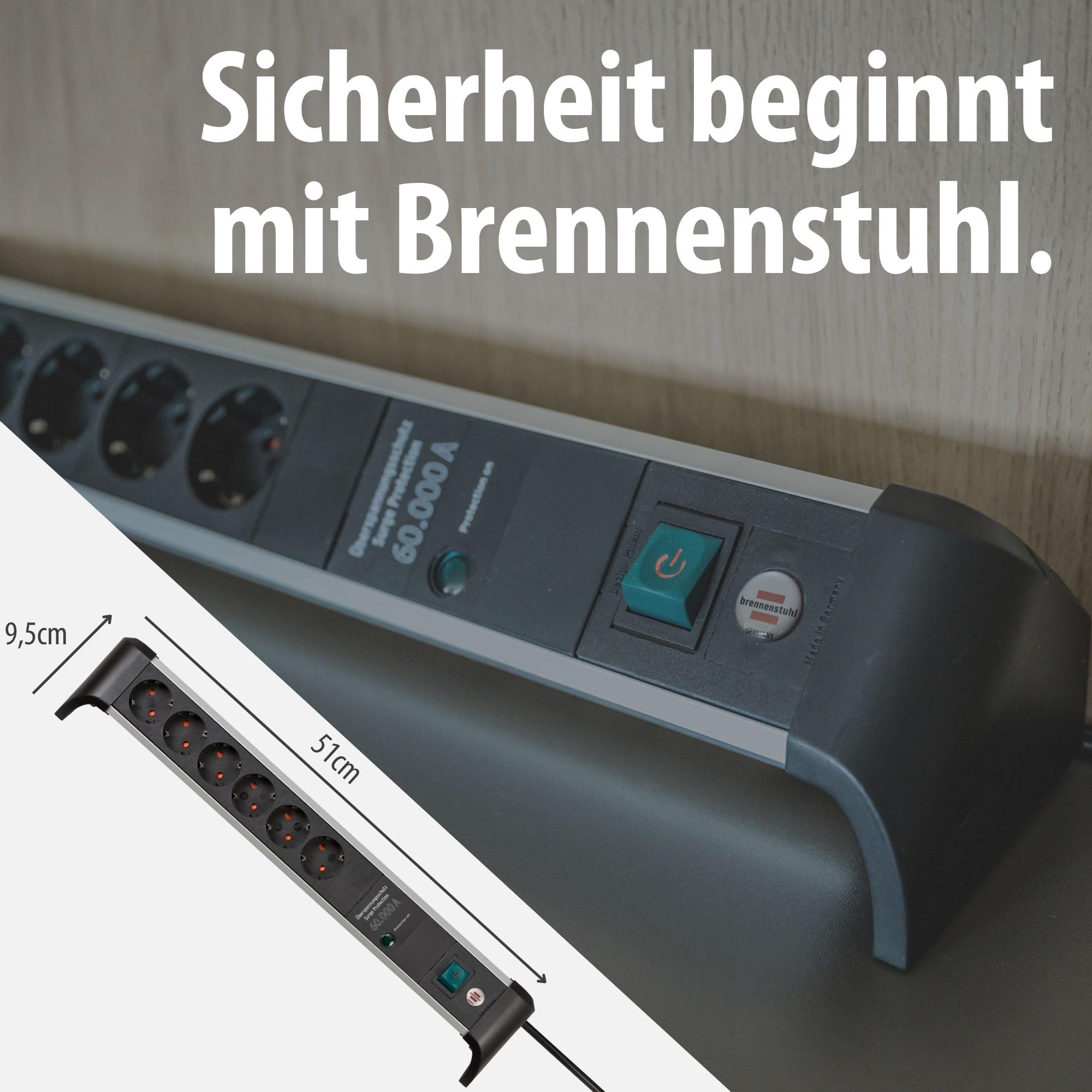 Brennenstuhl Alu-Office-Line Steckdosenleiste 6-Fach, 3m | Mit Überspannungsschutz, Mehrfachsteckdose mit Schalter, Made in Germany