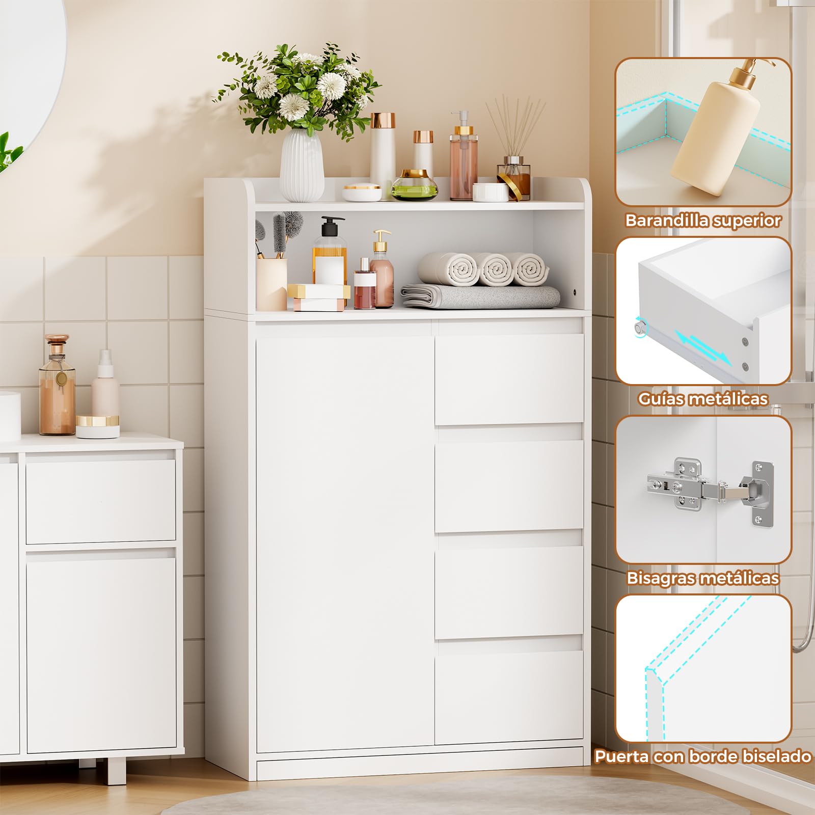 ANWBROAD Armario de Baño con 4 Cajones, 1 Puerta de Armario y Estantes Ajustables, Armario de Almacenamiento para Baño, Salón, Cocina, Blanco, 110 x 60 x 30 cm, SBC014W
