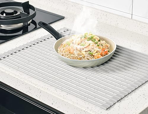 Miniatura 8 de Surpahs Escurridor de platos enrollable, gris cálido, 20.5 x 15.5 pulgadas, plataforma ancha, se adapta a fregaderos de hasta 19.5 pulgadas, acero