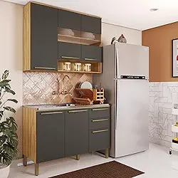 Cozinha Modulada Compacta 2 Peças 6 Portas 2 Gavetas sem Tampo com Vidro Reflecta 100% Mdf Itália Es Amêndoa/Chumbo