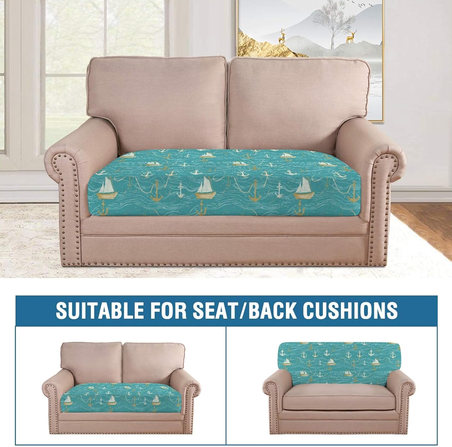 Nautical Wave Sail Loveseat Covers Couch Covers for 2 Cushion Couch, 2-Piece Stretch Sofa Slipcovers Anti-Slip Washable Furniture Protectors for Dogs Pets