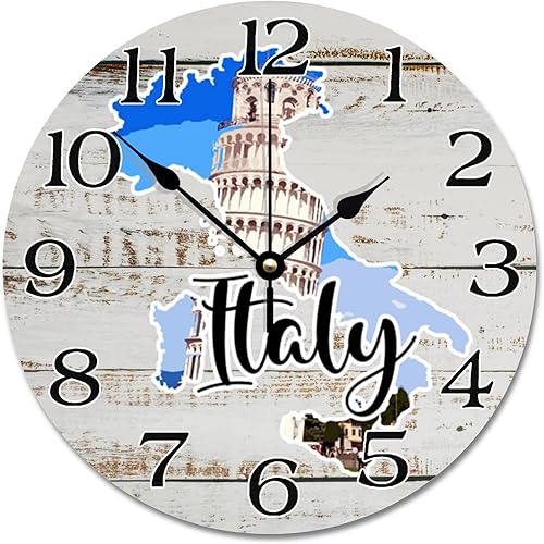 Reloj de pared de viaje con mapa de Italia, atracciones turísticas, relojes de pared redondos de 10 pulgadas, funciona con pilas, silencioso, sin