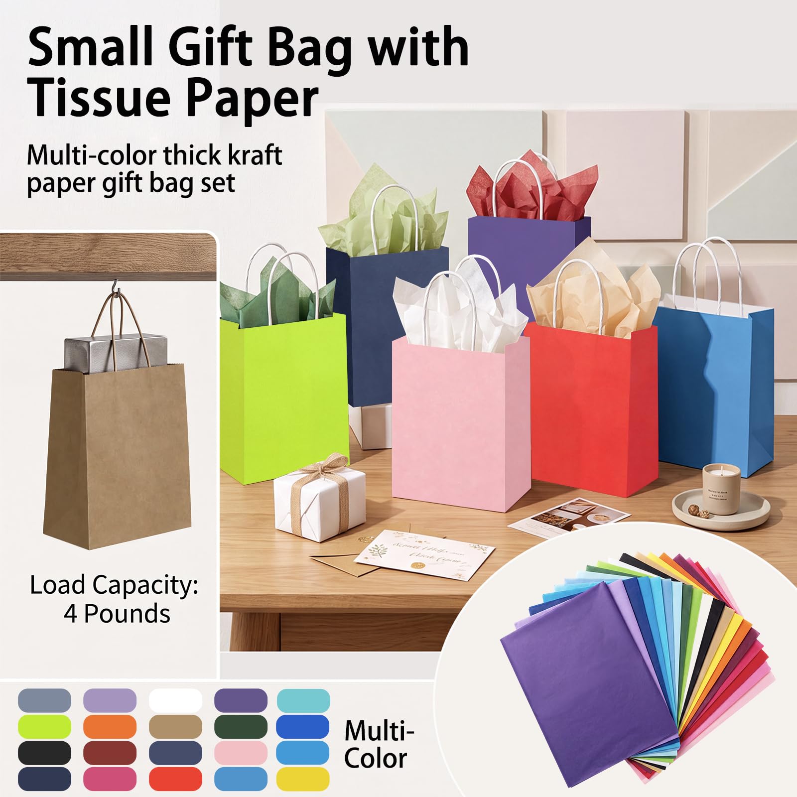 Sankoly Kleine Geschenktüten mit Griffen und Seidenpapier, 20 Farben, Kraftpapier, Partyzubehör, 15 x 7 x 21 cm, 200 Stück