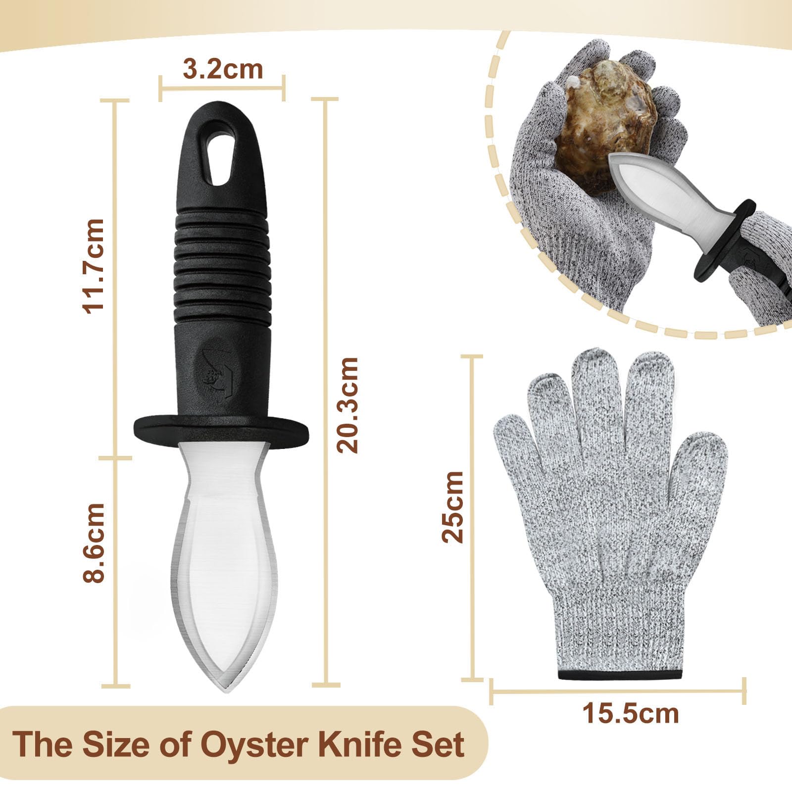 Unokit Austernmesser set 2 Stück Extra groß Austernmesser und Handschuhe 2 Stück Austernmesser mit Ergonomischer Griff Edelstahl Austernmesser mit Handschuhe für Austern Schalentiere Muscheln