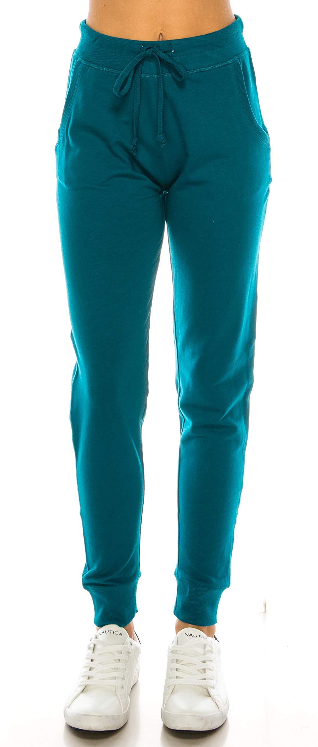 RENESEILLE Women's Casual Joggers Sweatpants – French Terry Elastic Waist Tapered Pants Pockets Workout Running Active FT8900 Teal M