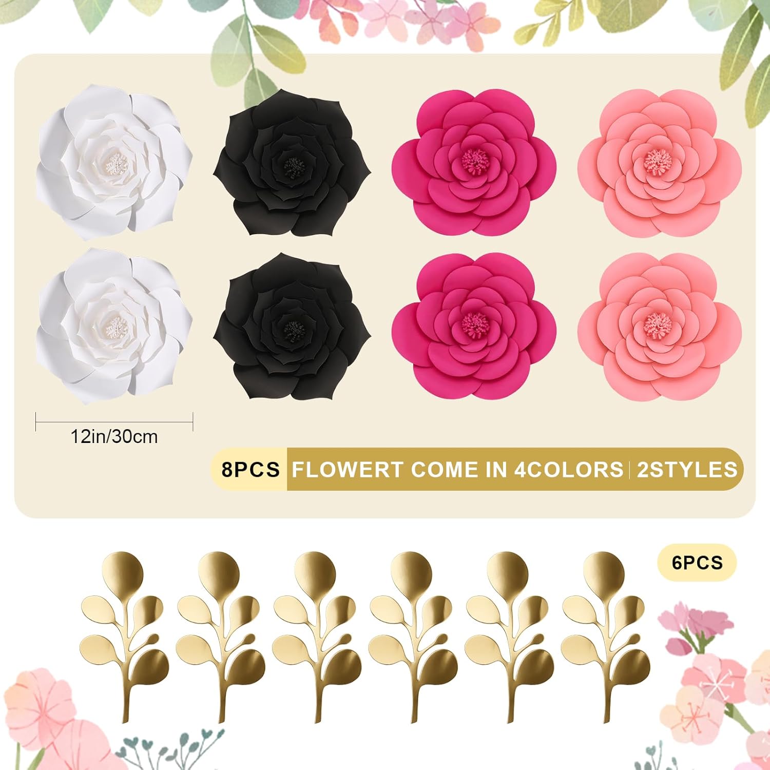 7x5ft White and Black Stripes Photography Backdrops and Large 3D Paper Flowers Decorations for Wall with Gold Leaves for Mexican Festive Wedding Party Decor Photo Studio Props