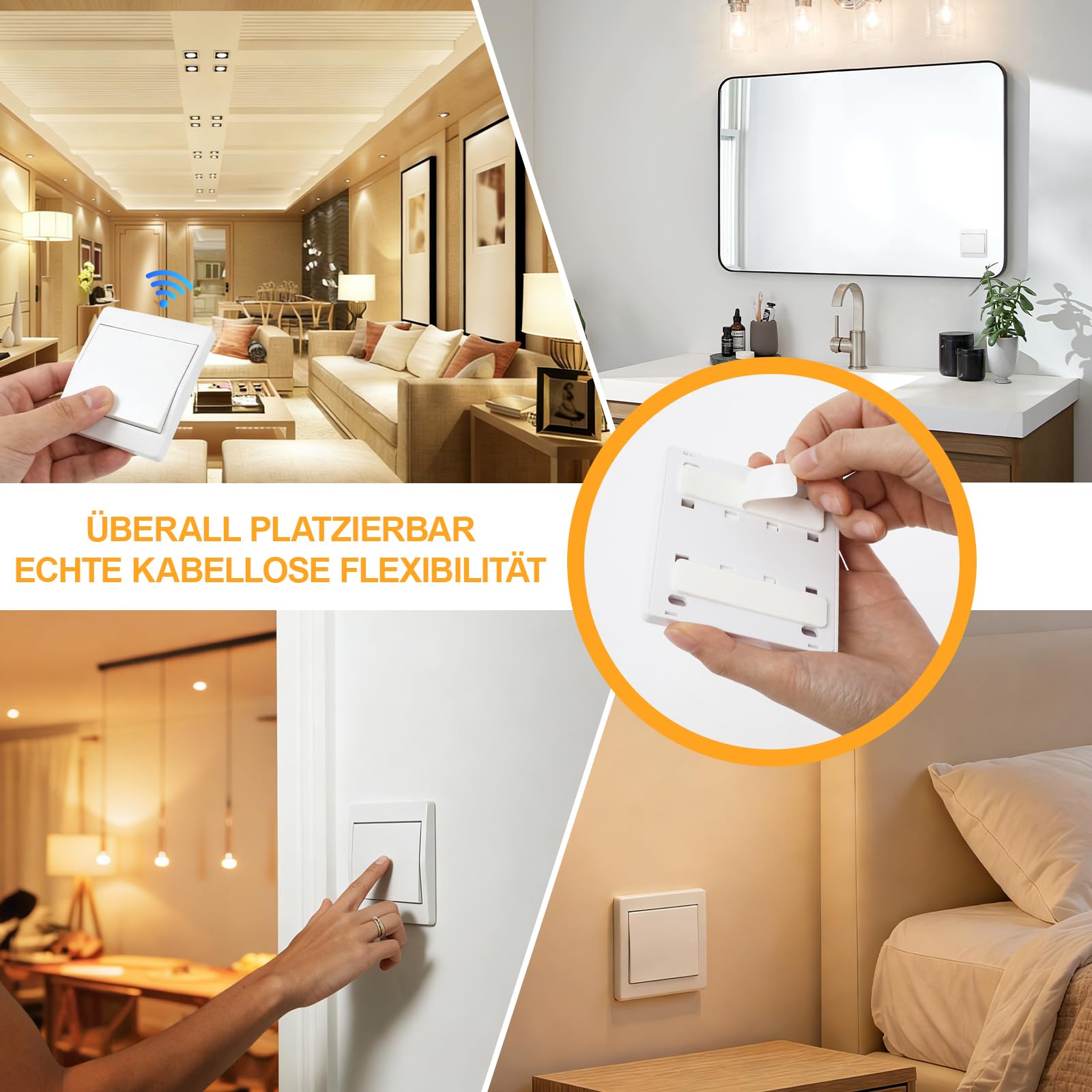 Lot d'interrupteurs sans fil 230 V, auto-alimenté, sans batterie, avec récepteur, 433 MHz, pour salon, cuisine et salle de bain, pas de nouveau câblage, 1 récepteur et 3 interrupteurs