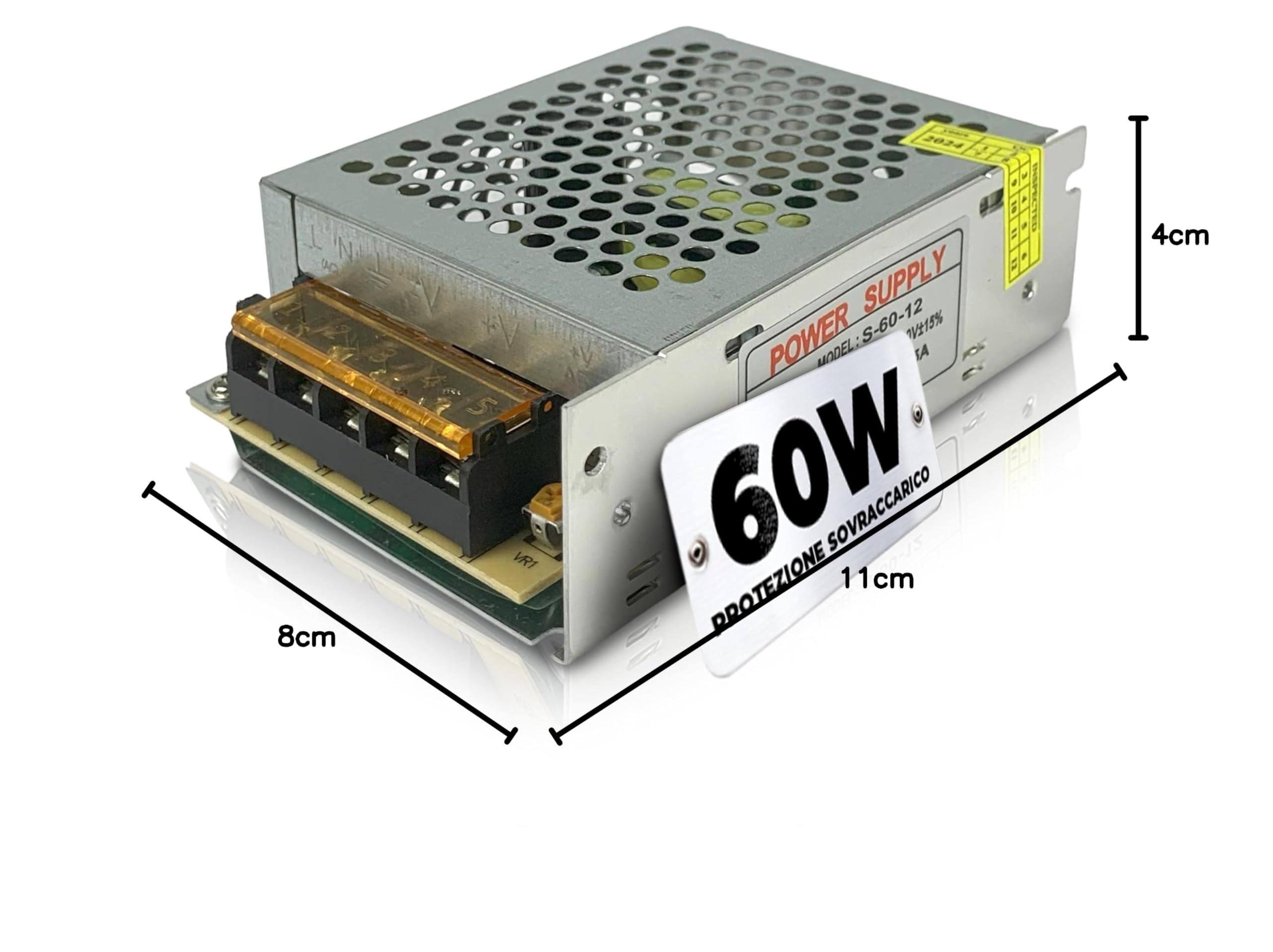 TEMPO DI SALDI Trasformatore 220V 12V 60 W con Corpo in Metallo 11x8x4 cm, Alimentatore 12v 5A Stabilizzato, per Alimentatore Striscia LED, Telecamere a circuito chiuso, Router e altri dispositivi