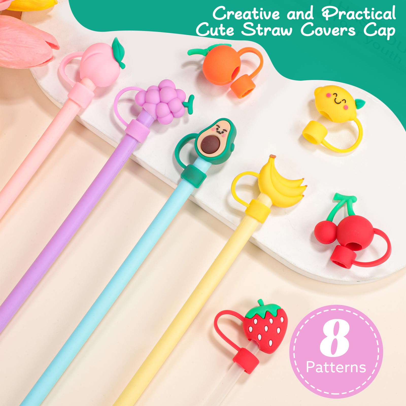 8 Pcs Straw Cover, Straws Toppers for Stanley 30&40 Oz Tumbler, Straw Caps in Various Shapes, Mother's Day Gifts for Women Girls Straws Tip Covers for 0.4 Inch/10 mm Tips ()