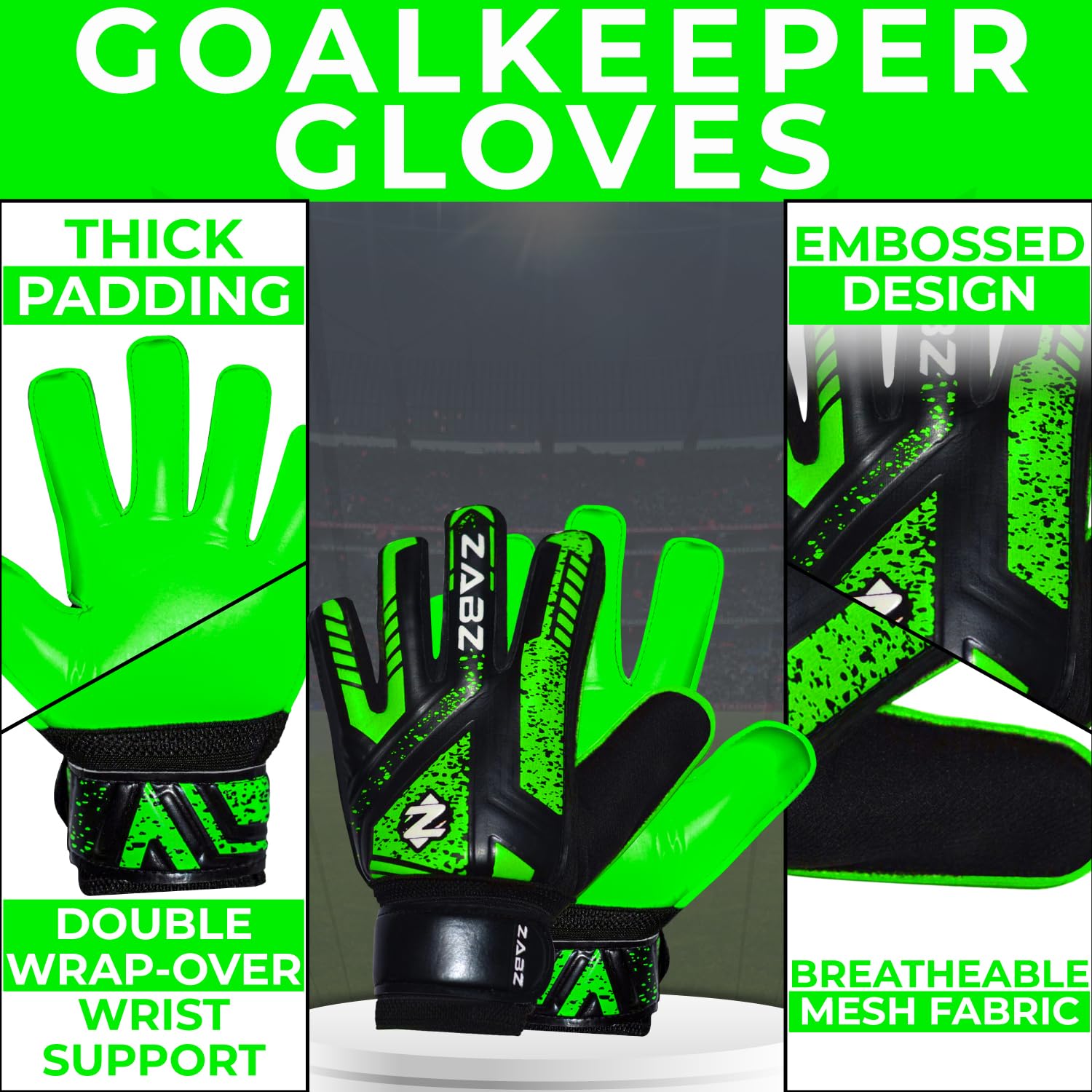 ZABZ Goalkeeper Gloves Non-slip Latex Material Soccer Goalie Football Goalkeeping Gloves Wrist Protection For Kids Youth and Adult (Green, Size 6 - Suitable for 13-15 Years) - Image 2