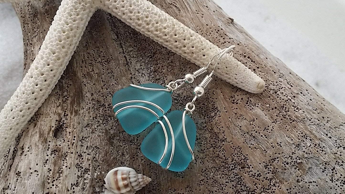 Handmade Sea Glass Earrings, Hawaiian Jewelry Handmade Earrings, Wire Turquoise Blue Seaglass Jewelry For Women Birthday Gift For Women (December Birthstone)