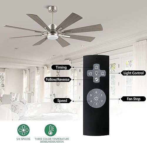Miniatura 3 de WINGBO Ventilador de techo CC de 72 pulgadas con luces, ventilador de techo gris y níquel cepillado con 3 varillas descendentes, 8 cuchillas de
