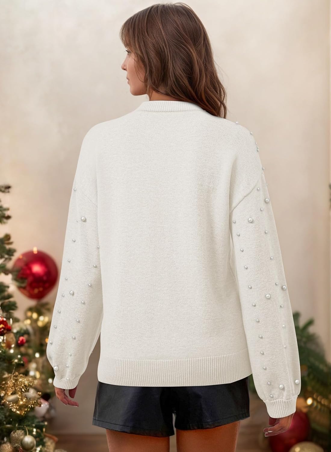 Pink Queen Pearl Sweater for Women 2025 Fashion Fall Winter Chunky Crewneck Lantern Sleeve Loose Knit Pullover Sweaters Top - Image 8