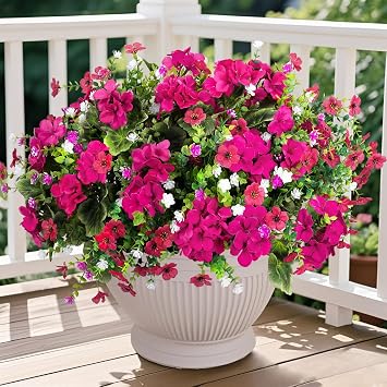 Ouddy Decor 18 Artificial Geraniums Flowers for Outdoors Decor, Fuchsia