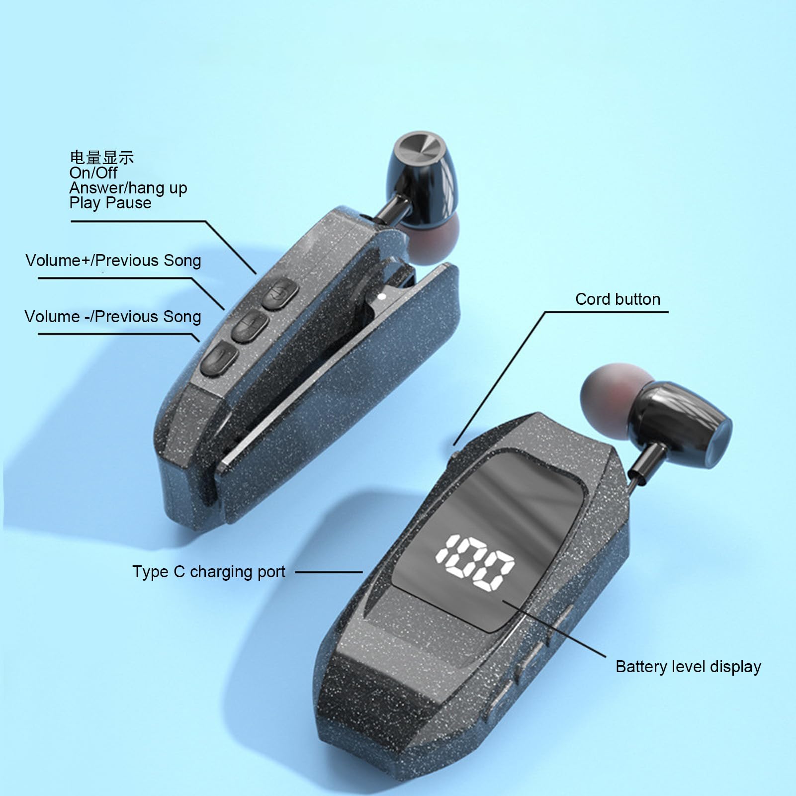 Jectse Cuffia Senza Fili Retrattile, Auricolare Cordless Stereo Bluetooth V5.3 Cuffie Aziendali, Cuffia Vivavoce con Riduzione del Rumore per Computer, Telefono, Tablet (Orecchio singolo)