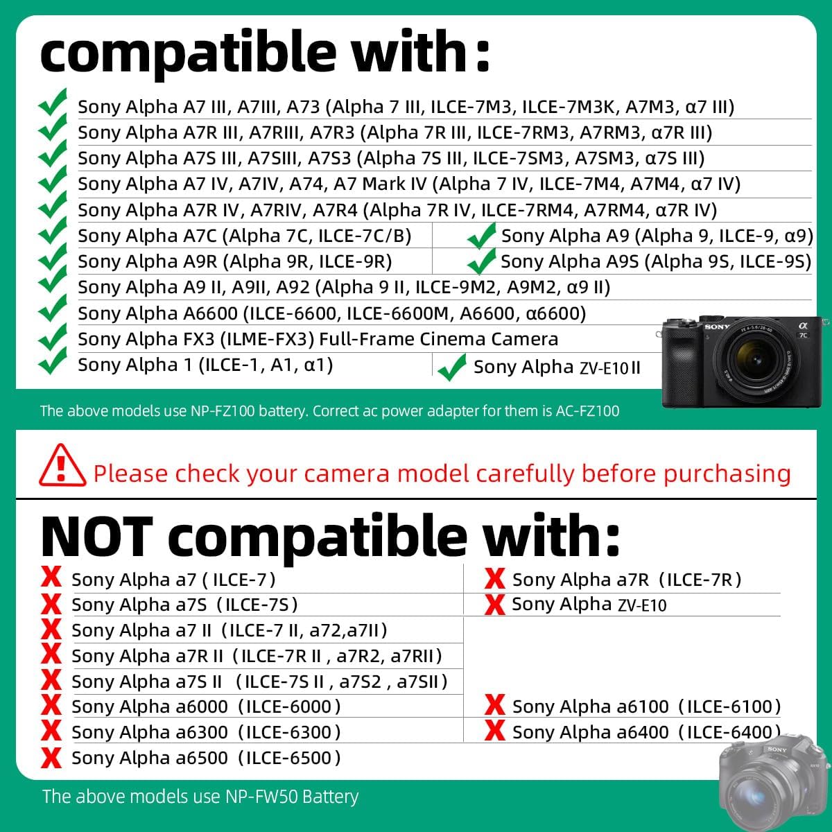 NP-FZ100 Dummy Battery DC Coupler USB-C Cable PD Adapter Kit Replace AC-FZ100 AC Power Adapter for Cameras Sony Alpha 9 A9 II A9R A9S A7 III A7R III A7S III A6600 A7IV A7 IV A7R IV A7C A1 FX3