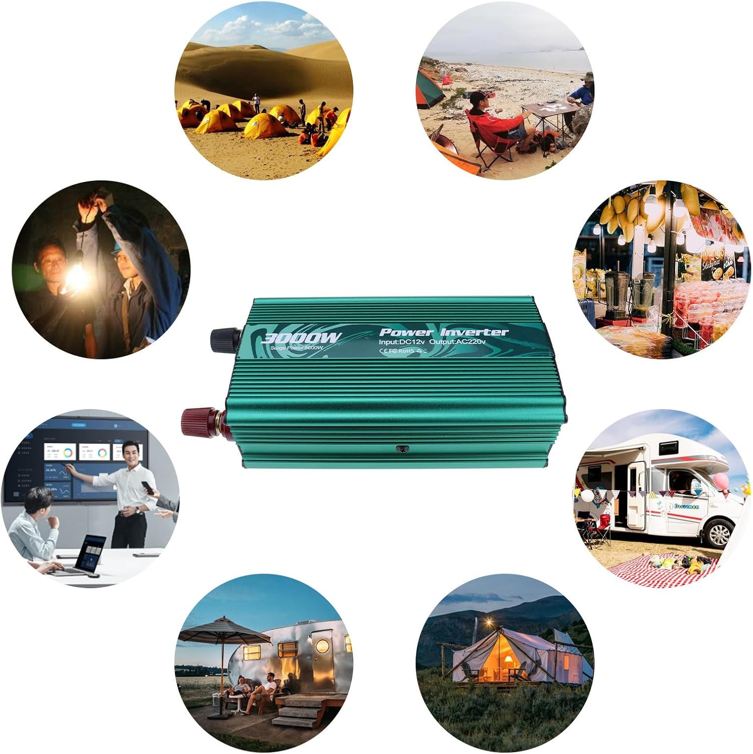 3000ワットパワーインバーター、電圧変圧器パワーコンバーター220Vから110V、キャンプ旅行緊急用の修正正弦波パワーインバーター