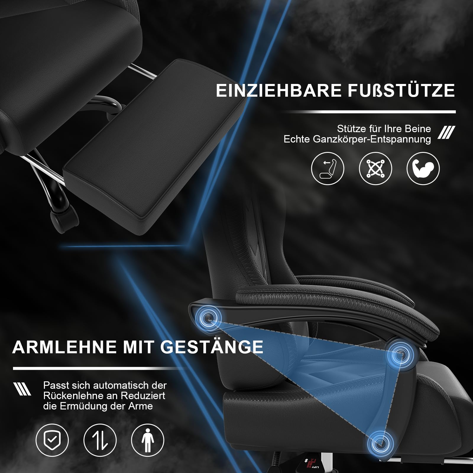 Devoko Ergonomischer Gaming Stuhl mit Massagefunktion und ausziehbarer Fußstütze, verstellbare Rückenlehne 90-135°, Komfortabler Bürostuhl für Home Office, Computersessel 150kg Belastbarkeit, Schwarz