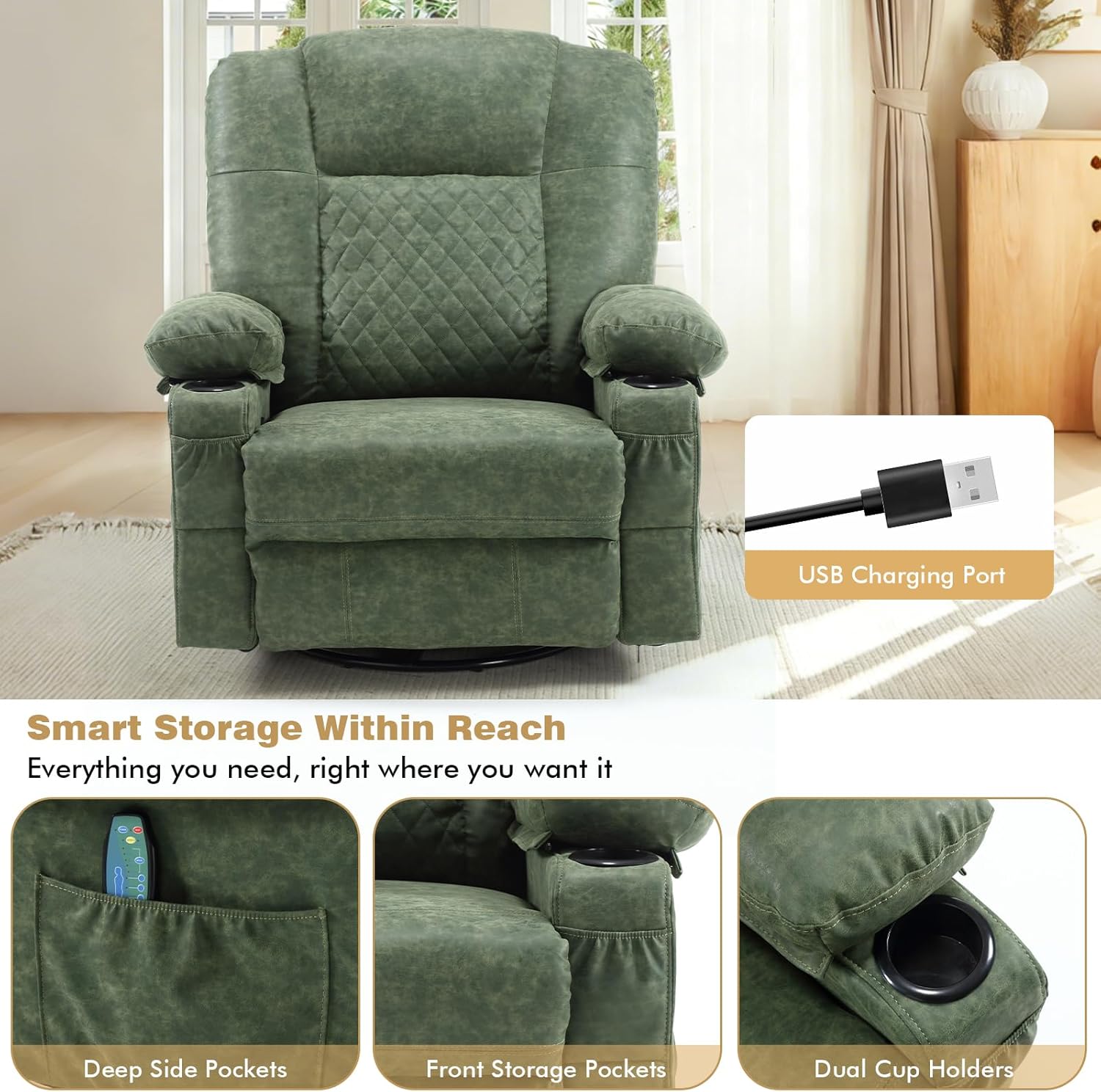 Rocking Recliner Chair with Heat and Massage, Overstuffed PU Leather Recliners for Living Room, Modern Single Rocking Chair for Adults, Manual Swivel Rocker Recliner with Cup Holders,Light Green