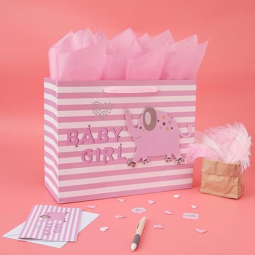Miniatura 5 de Juego de bolsa de regalo rosa grande de 13 pulgadas con tarjeta de felicitación y papel de seda (elefante 3D) para bebé, baby shower, fiesta de