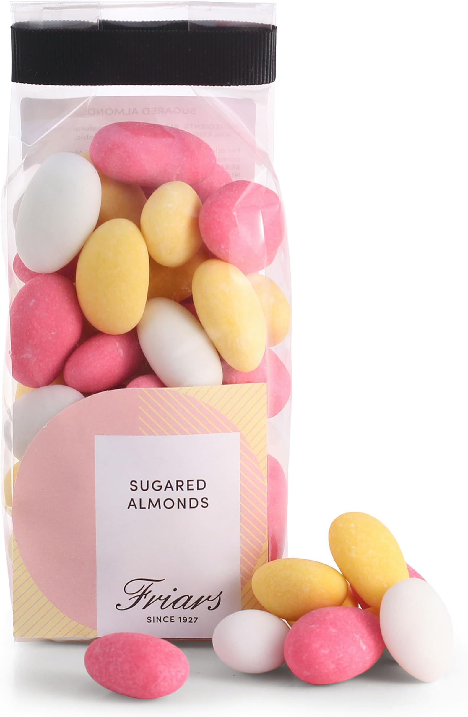 Friars Sugared Almonds Gift Bag - 250g | Whole Crunchy Almonds Covered in Pink, White & Yellow Sweet Sugar Coating | Fine Sugar Covered Confectionery | Thank You, Housewarming & Congratulations Gift