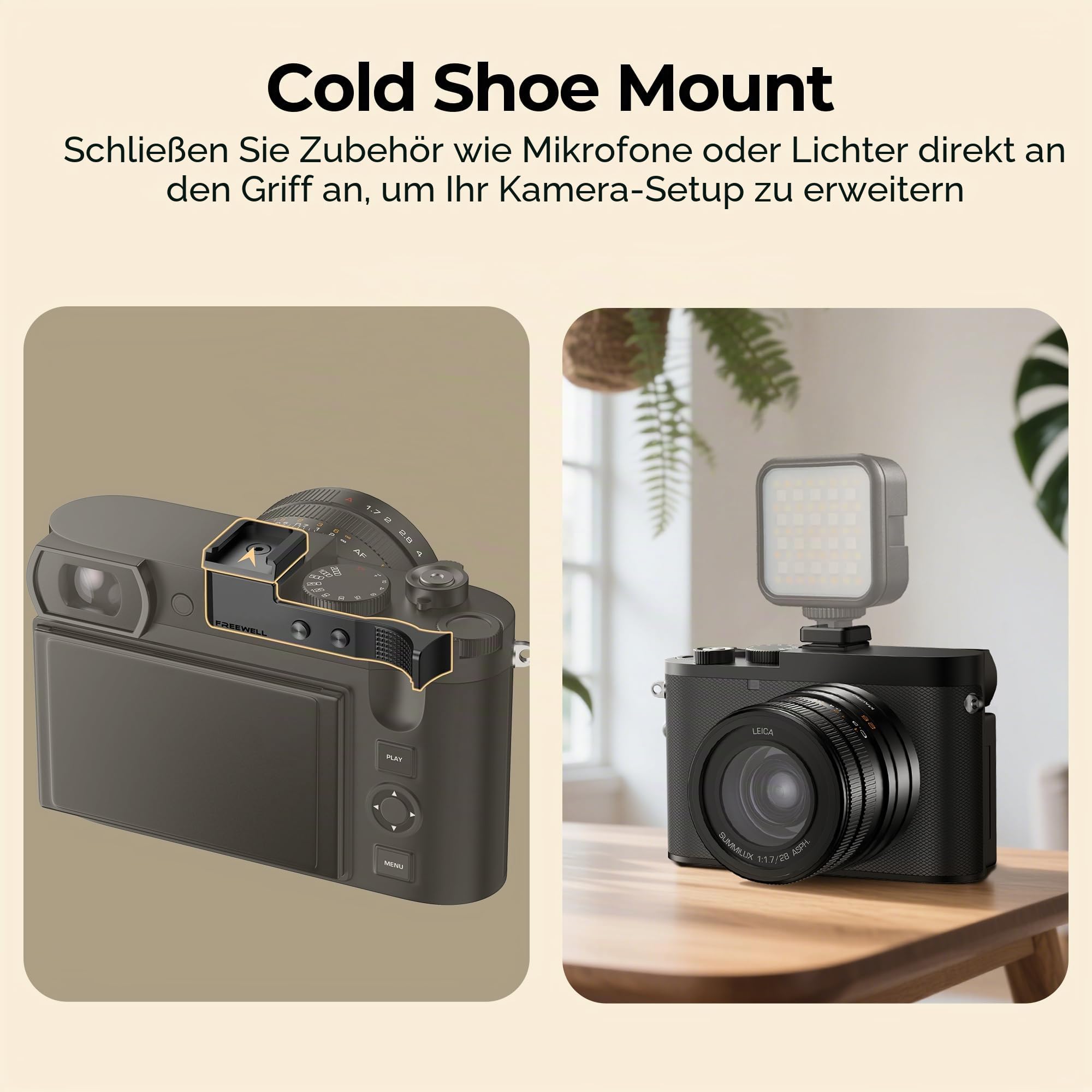FREEWELL Daumengriff für Leica Q3 & Q3 43 mit Kaltschuhhalterung, CNC Aluminium, Kratzfeste Silikonpolsterung