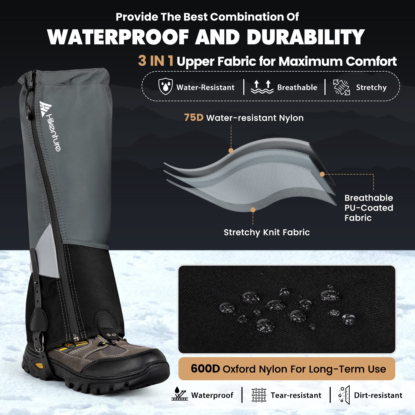 HIKENTURE Ghette per Escursionismo, Caccia, Bicicletta, Ghette da Uomo E Donna, Impermeabili, Ghette per La Protezione di Pantaloni E Scarpe da Neve, Pioggia, Insetti, Gaiters di Neve, Arrampicata