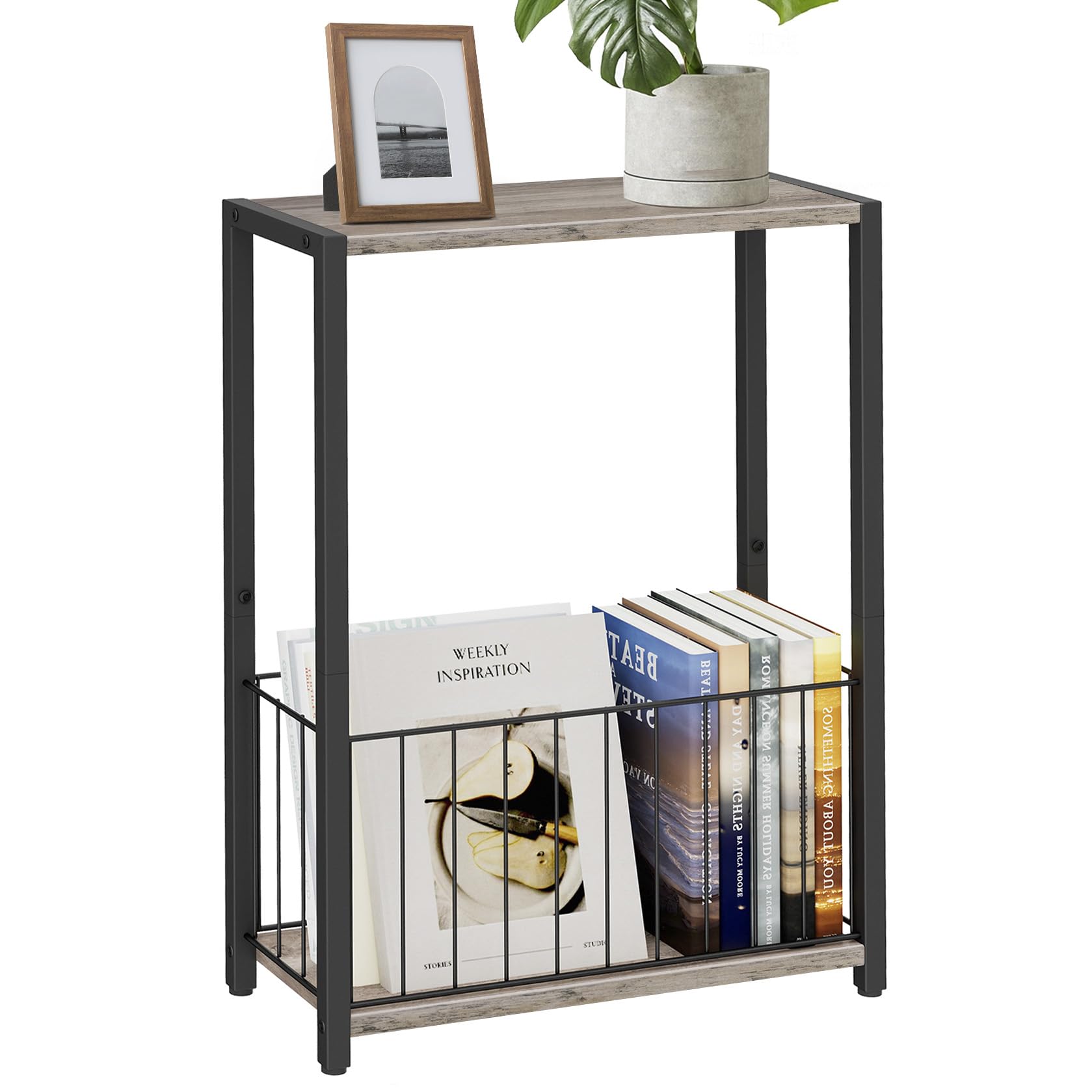 Photo 1 of ***FOR PARTS ONLY/MISSING PIECES /HAS BROKEN PIECES**** Homleke Narrow Side Table with Magazine Holder, Skinny End Table Perfect for Small Spaces, Space-Saving Design for Living Room, Bedroom, or Office, 7.1" D x 16.9" W x 23.6" H, Greige