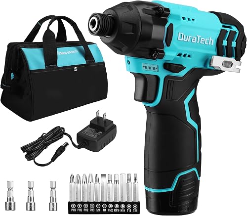 DURATECH 12V 1/4" Cordless Impact Driver with 11pcs Screwdriver Bits | 3pcs Nut-driver Bits, 3pcs Nut-driver Bits, Variable Speed, 0-2400RPM, LED Light, Tool Bag, Rechargeable Battery, Charger
